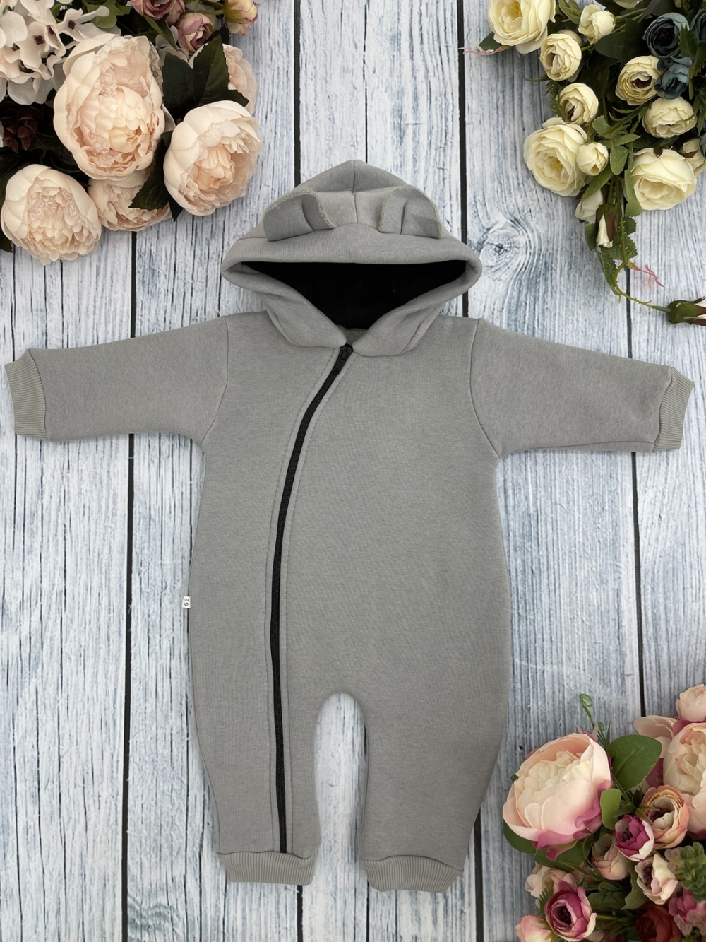 308-СЕР. Комбинезон с капюшоном, хлопок 65%, 35% ПЭ, 3-х нитка с начесом + интерлок 62,68,74,80