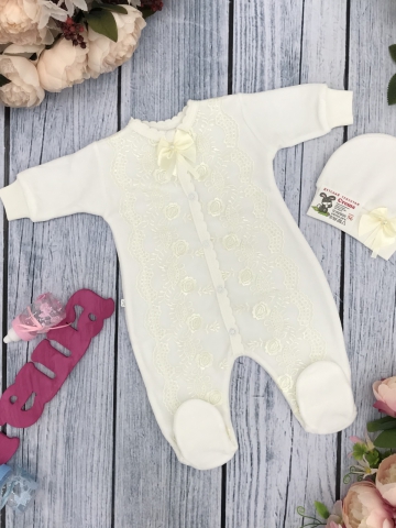 264-М. Комбинезон с шапкой, хлопок 80% велюр 20%  ПЭ, молочный